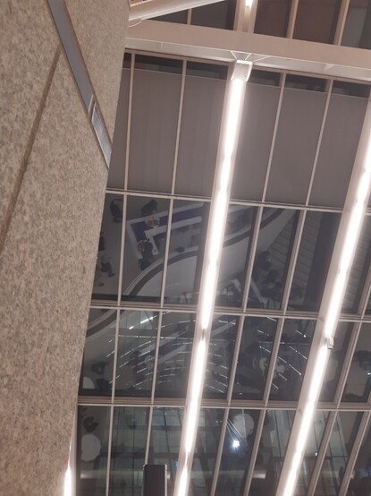 Das Plenum vom Kongress für Kunstgeschichte spiegelt sich im Glasdach des Veranstaltungsraums vom GNM