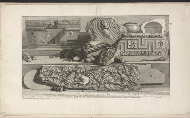 Sarkophag und antike Friese (Piranesi, Antichità Romane, Bd. III, Taf. LII),
"Graphical illustration", CC 1.0, Bildquelle: https://sah.tib.eu/individual/526404905bee4b328227cf522cbac6aa