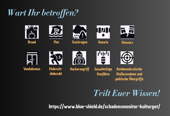 Symbole für Schadensereignisse bei Kulturgut (Brand - Flut - Starkregen - Havarie - Einsturz - Vandalismus - Einbruchdiebstahl - Hackerangriff - Gewalttätige Konflikte - Antidemokratische Einflussnahme und politische Übergriffe) und Aufruf zur Teilnahme am Blue Shield Deutschland Schadensmonitor;Creator: Katja Sternitzke; Symbole von Freepics; CC-0