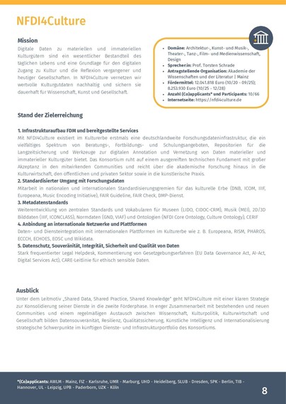 Einseiter der NFDI-Konsortien, Beschreibung zum Konsortium NFDICulture mit Hinweisen zur Misson, wichtigen Infos und dem Stand der Zielerreichung, sowie Ausblick. Creator: NFDI