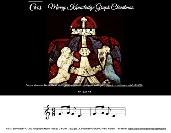 Zu Weihnachten lassen wir für Euch die Daten im Culture Knowledge Graph leuchten und erklingen: Auf dem Bild sind Engel aus mittelalterlichen Glasmalereien des Corpus Vitrearum Medii Aevi abgebildet, die musizieren. Weiter unten sind Musiknoten zum Lied „Stille Nacht“ aus dem Répertoire International des Sources Musicales abgebildet.