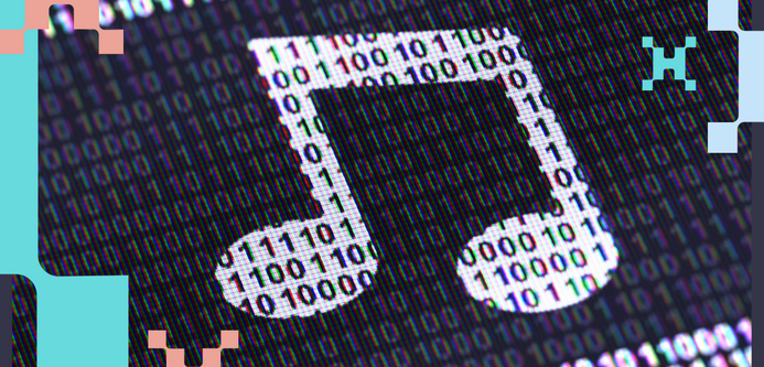 Musikalisches Event vom Datenkompetenzzentrum HERMES: Auf dem Bild sind Achtelnoten zu sehen, die sich vor einem dunklen Hintergrund mit binäre Zahlenkolonnen abheben.