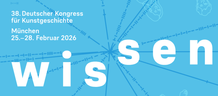 Offizielle Grafik der 38. Tagung des Deutschen Kongresses für Kunstgeschichte, welche dieses Jahr in München vom 25. bis 28. Februar stattfinden wird. Dunkelblaue Linien führen vom Zentrum des Bildes nach außen und sind teilweise gestrichelt. Mittig ist auch das Motto der Tagung aufgeführt in weißen Buchstaben, es lautet "Wissen".