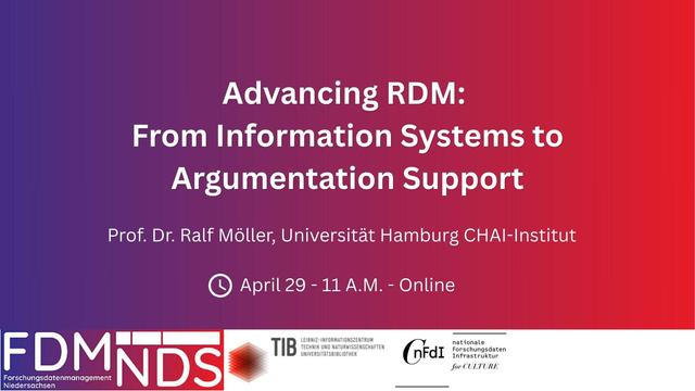 Im Namen von FDM Niedersachsen, TIB – Leibniz-Informationszentrum für Wissenschaft und Technik und Universitätsbibliothek sowie NFDI4Culture laden wir alle Interessierten herzlich zu folgendem Vortrag ein: Advancing RDM: From Information Systems to Argumentation Support", von Prof. Dr. Ralf Möller, Universitat Hamburg CHAI-Institut. Der Vortrag findet am 29. April um 11 Uhr statt (online).