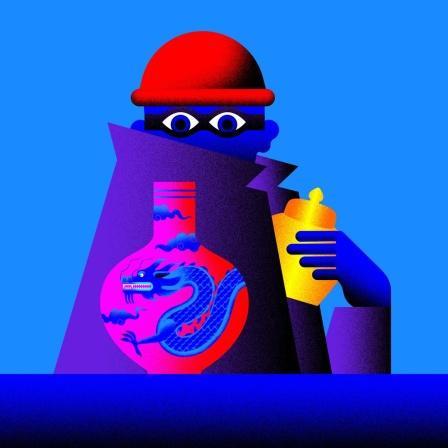 Illustration for Tatort Kunst - Chinesische Beute: stylised burglars wearing caps and masks behind a Chinese vase. Source: Deutschlandfunk. Draft: Nora Koldehoff, Creator: Julia Schwarz/Deutschlandradio