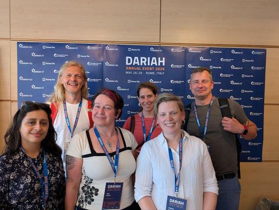 #DARIAH Annual Event 2026: Humanities@NFDI ambassadors on site, from left to right: Tolin Jojo (NFDI4Objects), Alexander Steckel (Text+), Anja Gerber (NFDI4Objects), AlexandraBuettner (NFDI4Culture), Christin Keller (NFDI4Objects), Stefan Buddenbohm (Text+)