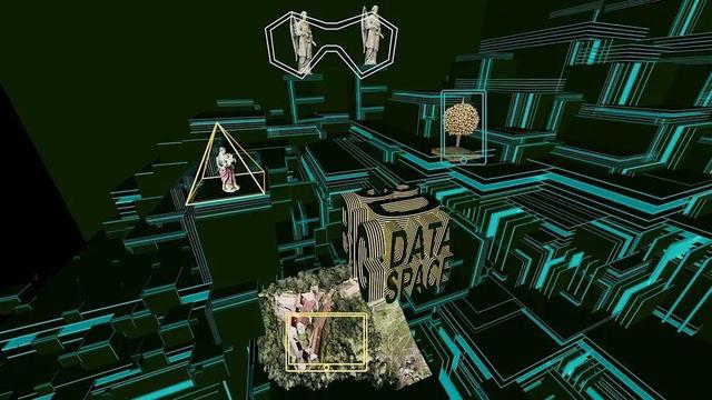 Ein schwarzer virtueller 3D-Raum mit virtuellen Kulturerbeobjekten verteilt über eine neonblaue Terassenlandschaft Berghang und das Logo 3D Big Data Space als Kubus
