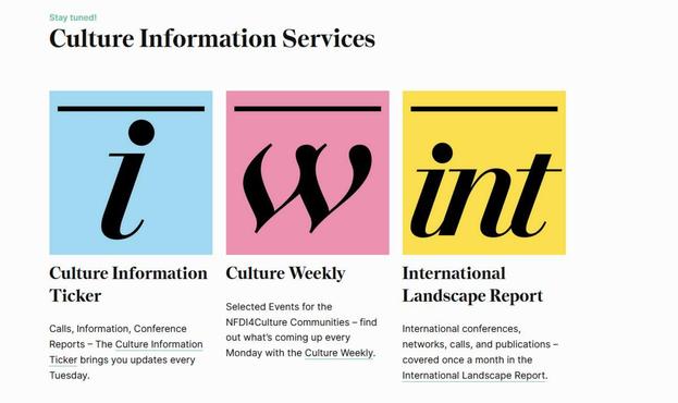 Screenshot of Culture Information Services: Three logos with short descriptions of the newly released information services." CC BY 4.0