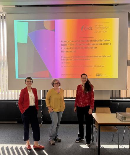 Desiree Mayer, Melanie Gruß und Martha Stellmacher stehen vor der Leinwand mit dem Vortragstitel "Anonymus und mündlich überliefertes Repertoire: Repräsentationsverzerrung in musikwissenschaftlichen Datenhubs?" im Rahmen des Symposiums zum Thema "Gedächtnislücken: Das Immaterielle und die digitalen Gedächtnismedien" (Jahrestagung der Gesellschaft für Musikforschung, Goethe-Universität Frankfurt am Main).